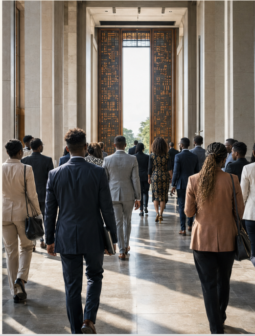 A diverse group of emerging leaders walking together toward a monumental open doorway
